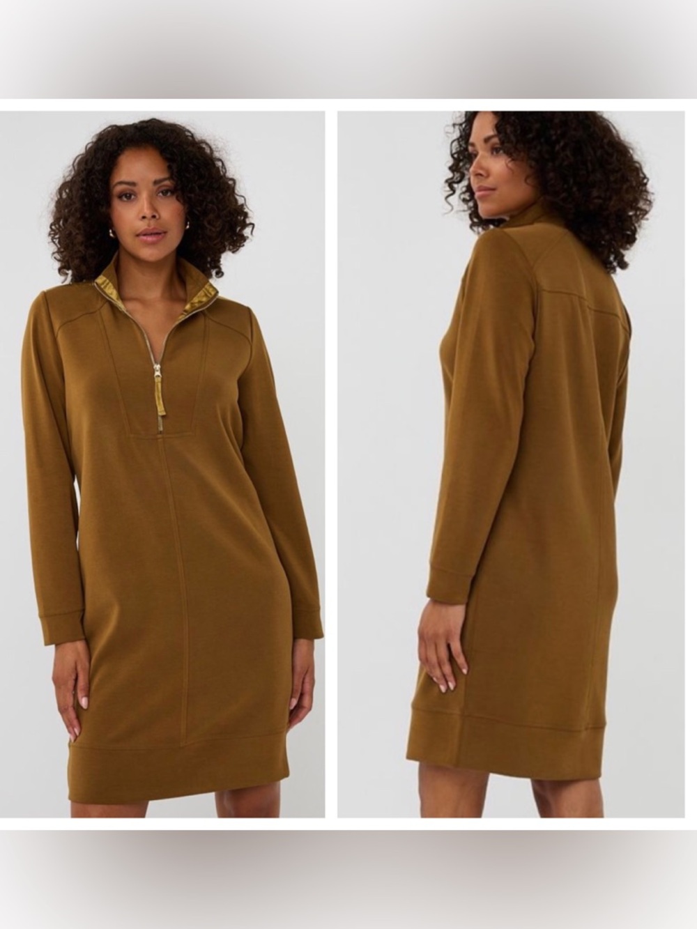 ESQUALO Long-Sleeve Half-Zip Dress in Camel Brown Sz small NWT
